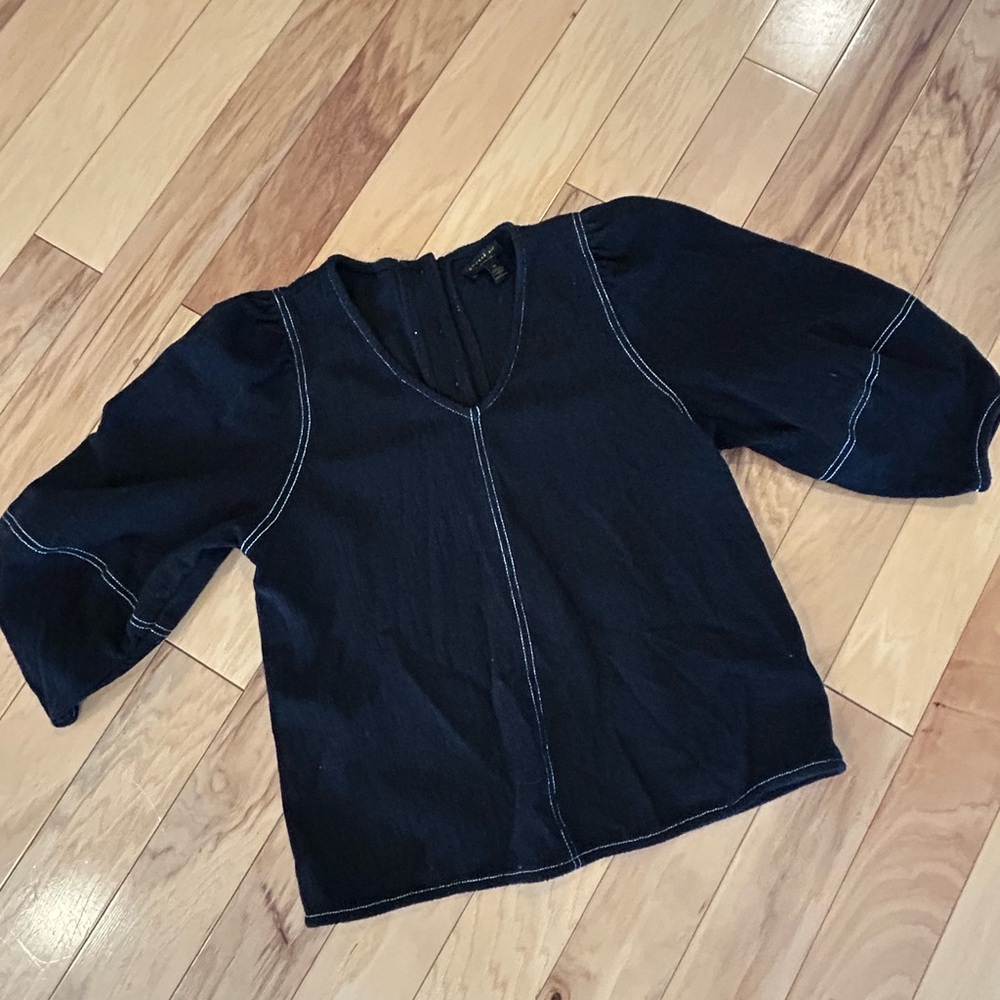 Current Air Topstich Detail Contrast Puff Bishop 
Sleeve Women’s Blouse Top